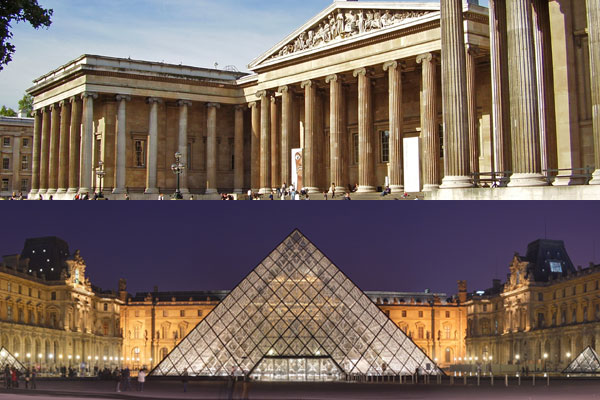 در بالا، موزه عظیم لندن،  و در پایین موزه عظیم لوور پاریس دیده می شود.