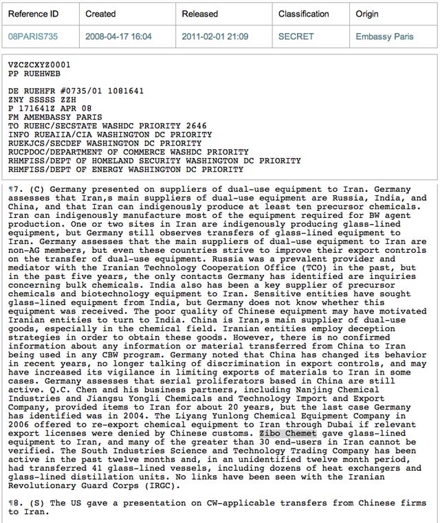 این بخشی از سند افشاگری «ویکی‌لیکس» آمریکا است که در سفارت آن کشور در پاریس در تاریخ ۱۷ آوریل ۲۰۰۸ گزارش شده است.