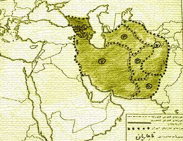 این نقشه کامل ایران در آغاز دوران قاجاریه است. شاهان بیگانه و ایران فروش قاجار، با ندانم کاری و حماقت خود و وسوسه و دخالت آخوندهای فرومایه، از شماره ۱-۶ ایران را از دست دادند و تنها قسمت شماره ۷ برای ایران به جای مانده است.