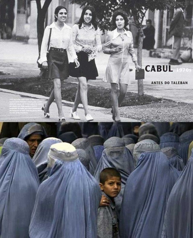 مقایسه کنید، در بالا زنان افغان پیش از اشغال افغانستان به وسیله طالبان، و در پایین تصویر زنان افغان در دوره طالبان است. به راستی اسلام چگونه می تواندانسان ها را به دربرد و مسخ کند!.
