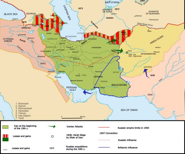 (قسمتهای هاشور خورده آخرین پاره های جدا شده ایران توسط روسیه در دوره قاجار است)
