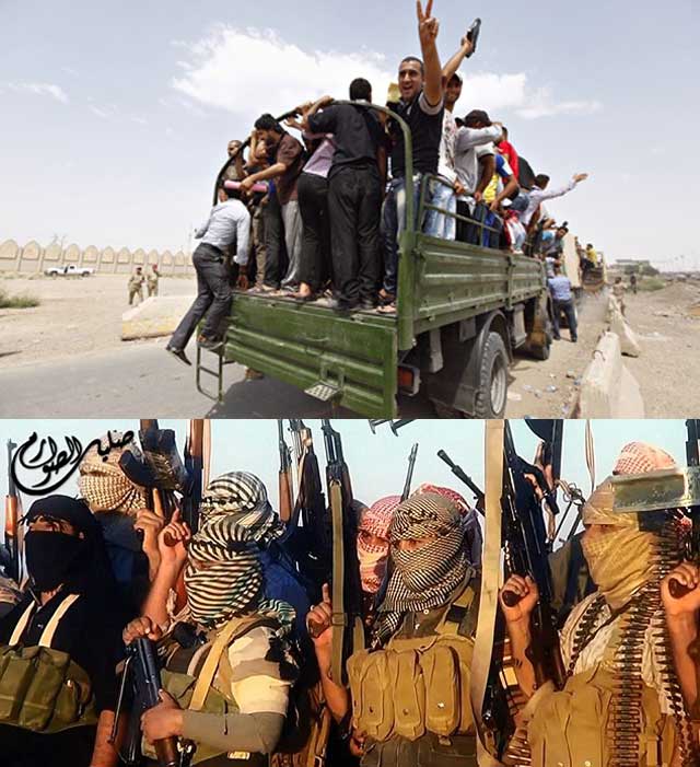 گروههای فناتیک انگلیس در حال رفتن به عراق در بالا، داوطلبانی در عراق در حال رفتن به جنگ و مبارزه با گروه داعش می باشند. در پایین، مسلمان های افراطی از انگلیس روانه جنگ در عراقند. 