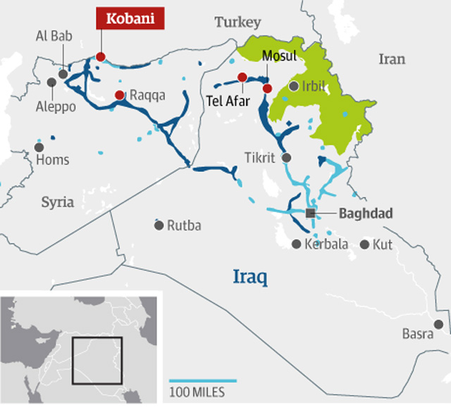 در این نقشه موقعیت شهر کوبان که در مرز ترکیه قرار گرفته شده نشان می دهد. دولت ترکیه گویا با داعش همکاری داشته و  به جای آن که به یاری درماندگان کوبانی برسد و شر داعش را از سر آنان خلاص کند، نفت های دزدیده شده سوریه را از داعش به بهای ارزان خریداری می کند.