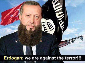 اردوغان را به دلیل تبانی و همکاری با داعش، کوتاهی در حمایت و پشتیبانی مردم مصیبت زده کوبانی و خرید نفت ارزان دزدیده شده از سوریه به وسیله داعش، او را هم داعشی می دانند که همه ویژگی های انسانی را به کنار گذاشته است.