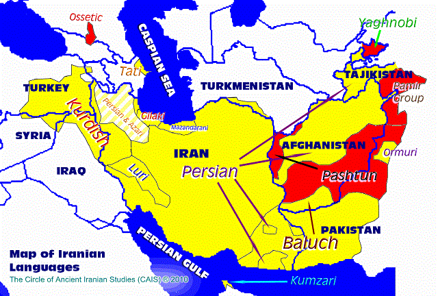 در این نقشه تقریبی می توانید پراکندگی زبانهای ایرانی را ببینید.منطقه هاشور خورده در آذربایجان به زبان در حال فراموشی آذری باستان تعلق دارد که امروز تنها در تالش و چند روستای اردبیل دیده می شود.