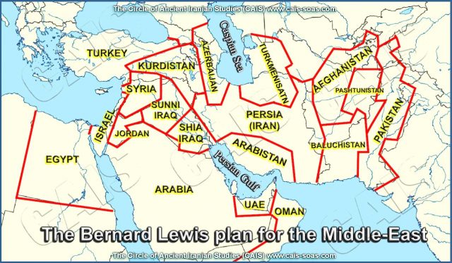 نقشه شوم برناد لوئیس Bernard_Lewis در تقسیم خاورمیانه.