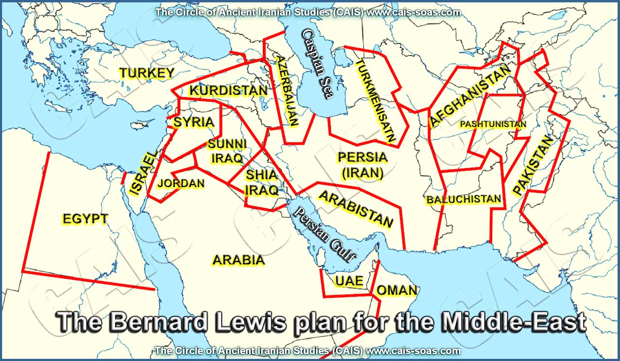نقشه شوم برناد لوئیس Bernard_Lewis در تقسیم خاورمیانه.
